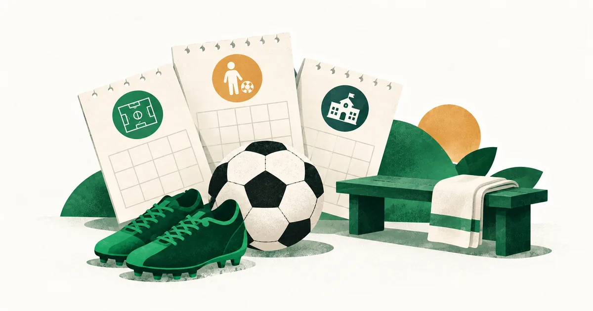 Ilustrasi beberapa jadwal latihan yang bertumpuk di dekat bola dan sepatu, dengan ruang untuk beristirahat.