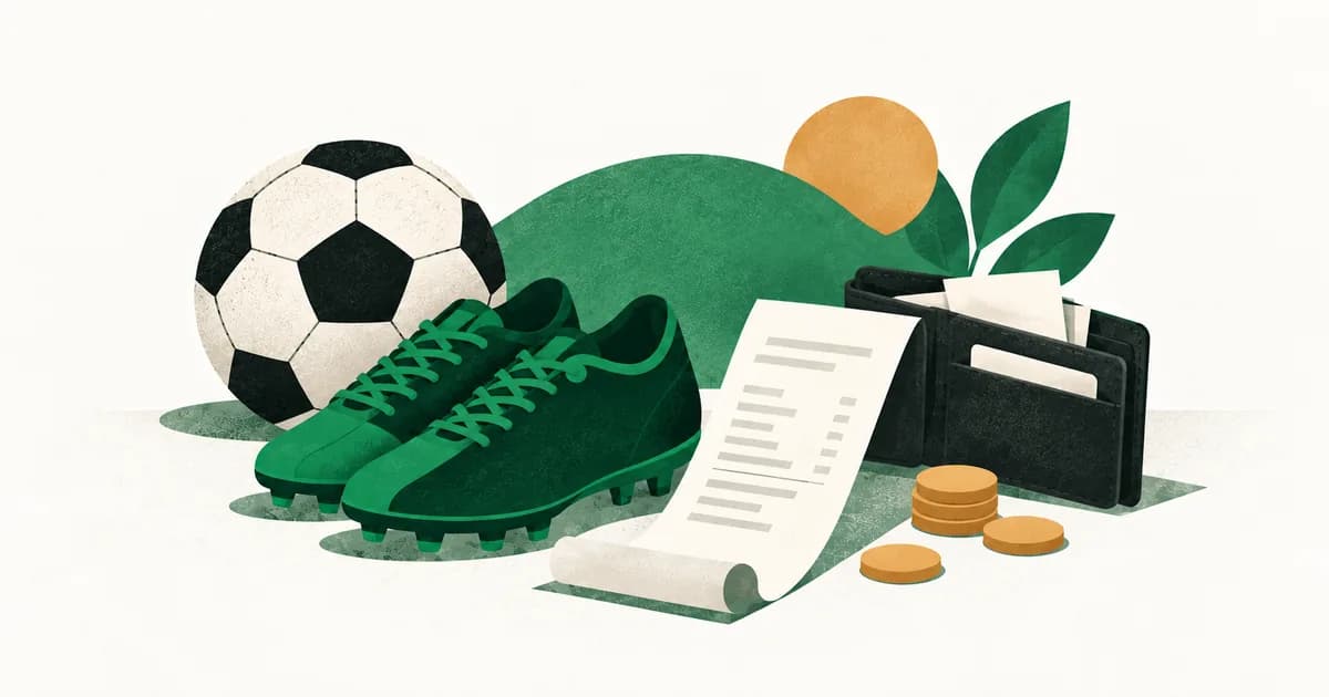 Ilustrasi bola, sepatu sepak bola, dompet dan lembar rincian untuk memperkirakan biaya mengikuti SSB.