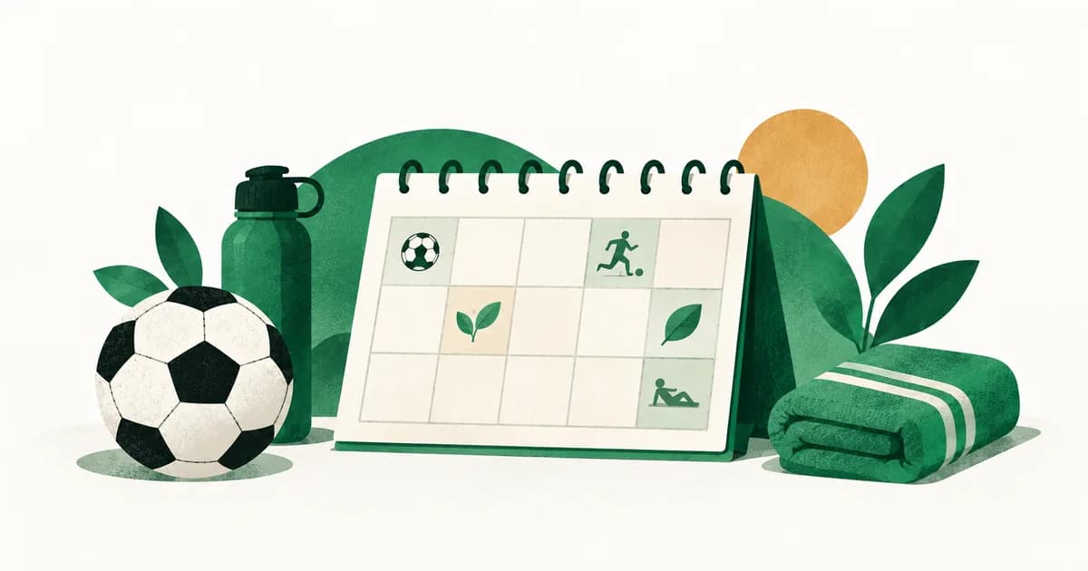 Ilustrasi kalender latihan tanpa angka, bola dan perlengkapan istirahat untuk mengatur kegiatan anak.