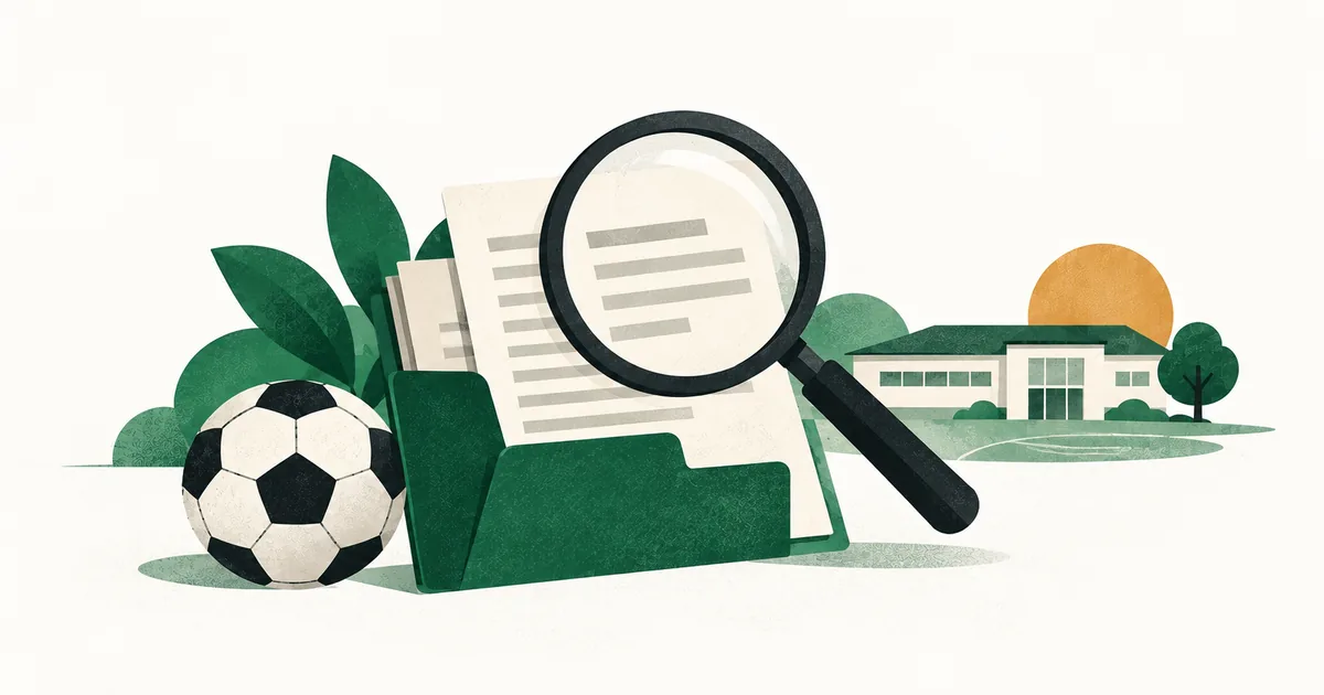 Ilustrasi kaca pembesar memeriksa dokumen di samping bola untuk mengecek informasi afiliasi SSB.