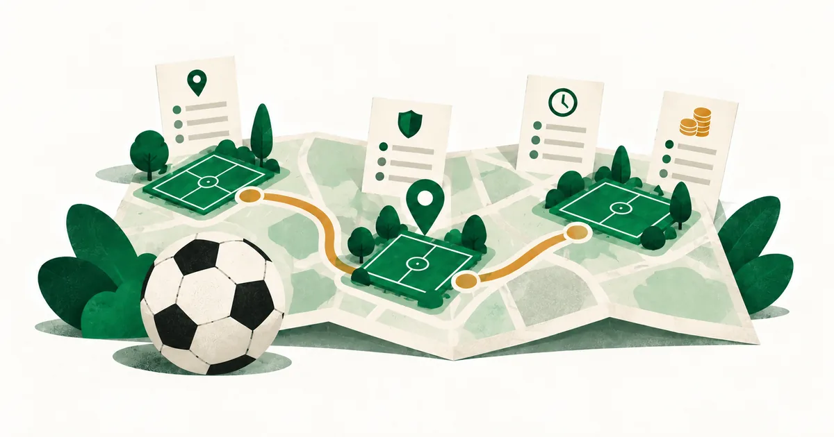 Ilustrasi tiga pilihan lapangan sepak bola dan penanda lokasi untuk membandingkan SSB yang cocok bagi keluarga.