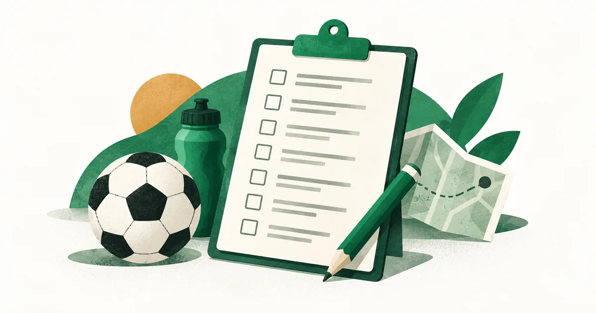 Ilustrasi papan daftar periksa, pensil, bola dan botol minum untuk persiapan sebelum mendaftar SSB.