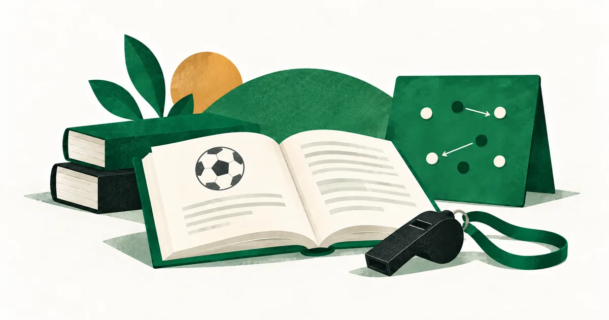 Ilustrasi buku belajar kepelatihan, peluit dan papan taktik tanpa tulisan untuk mengenal pendidikan pelatih.