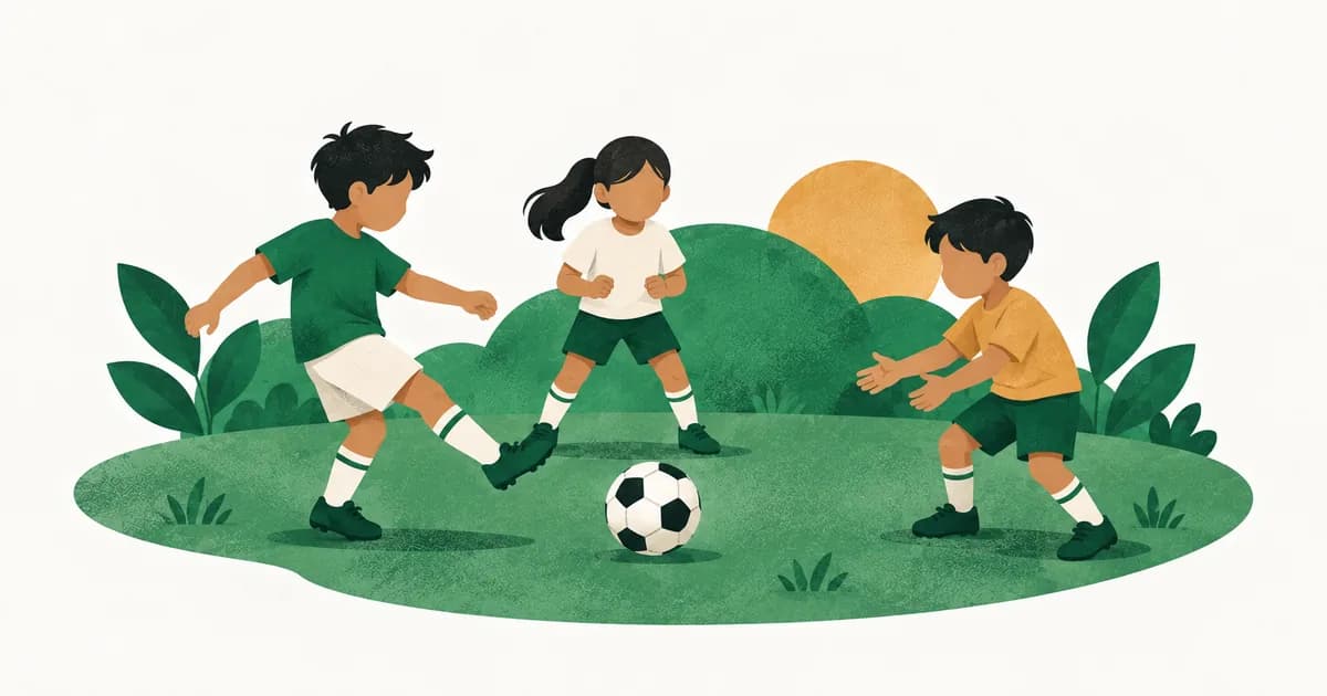 Ilustrasi tiga anak bergantian bermain bola di lapangan kecil, menggambarkan gerak dan kerja sama.