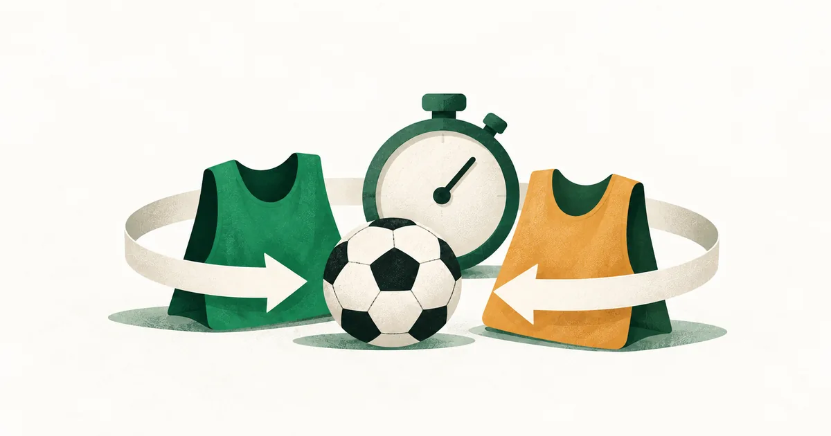 Ilustrasi stopwatch, rompi latihan, dan bola untuk membahas pembagian kesempatan bermain.