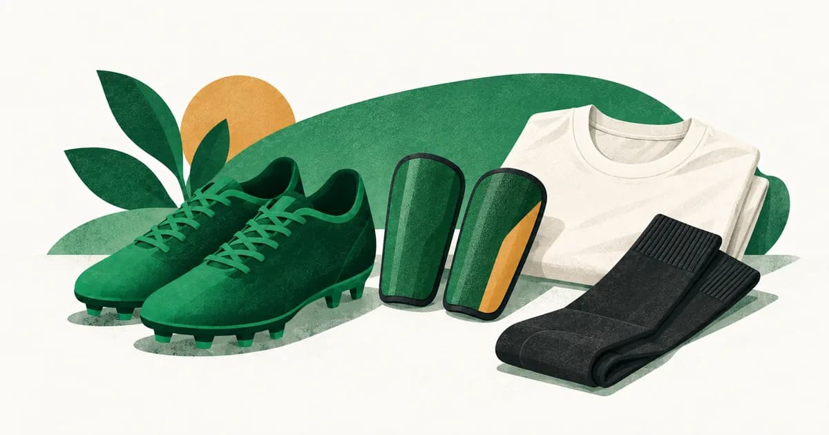 Ilustrasi sepatu bola, deker, kaos kaki panjang, dan pakaian latihan tanpa merek.