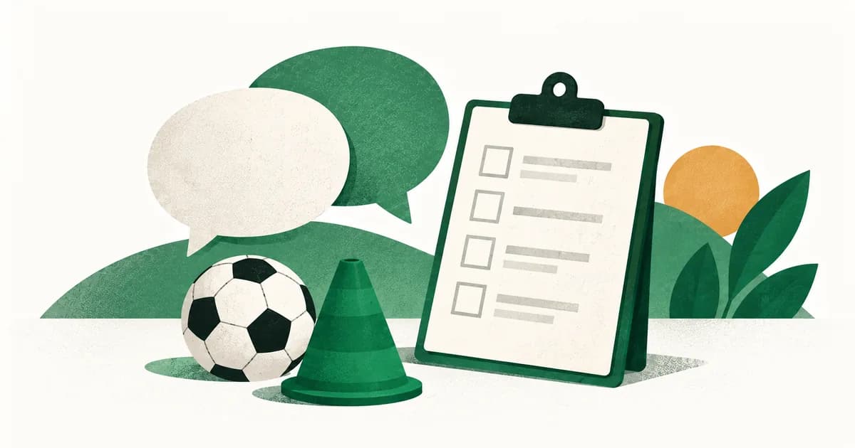 Ilustrasi daftar pertanyaan, balon percakapan, cone, dan bola untuk persiapan trial SSB.
