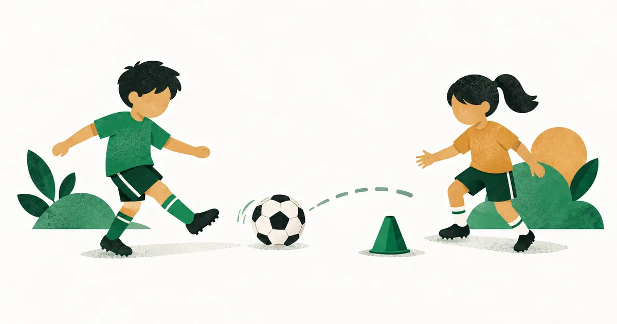 Ilustrasi dua anak bermain bola bersama dengan cone sederhana, menggambarkan latihan yang menyenangkan.