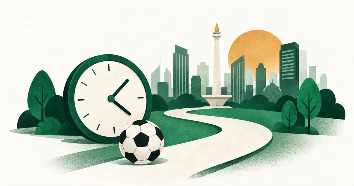 Ilustrasi siluet kota Jakarta, jalur perjalanan, jam, dan bola untuk mempertimbangkan jarak tempuh ke SSB.