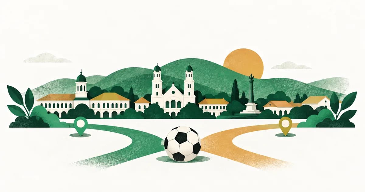 Ilustrasi siluet kota dan perbukitan Semarang dengan dua jalur menuju bola untuk membandingkan lokasi SSB.