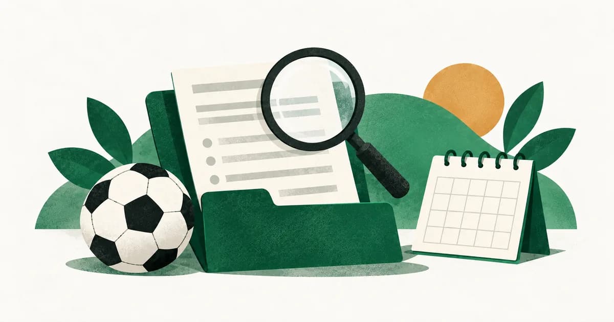 Ilustrasi dokumen, kaca pembesar, kalender, dan bola untuk memeriksa syarat serta masa berlaku bantuan biaya SSB.