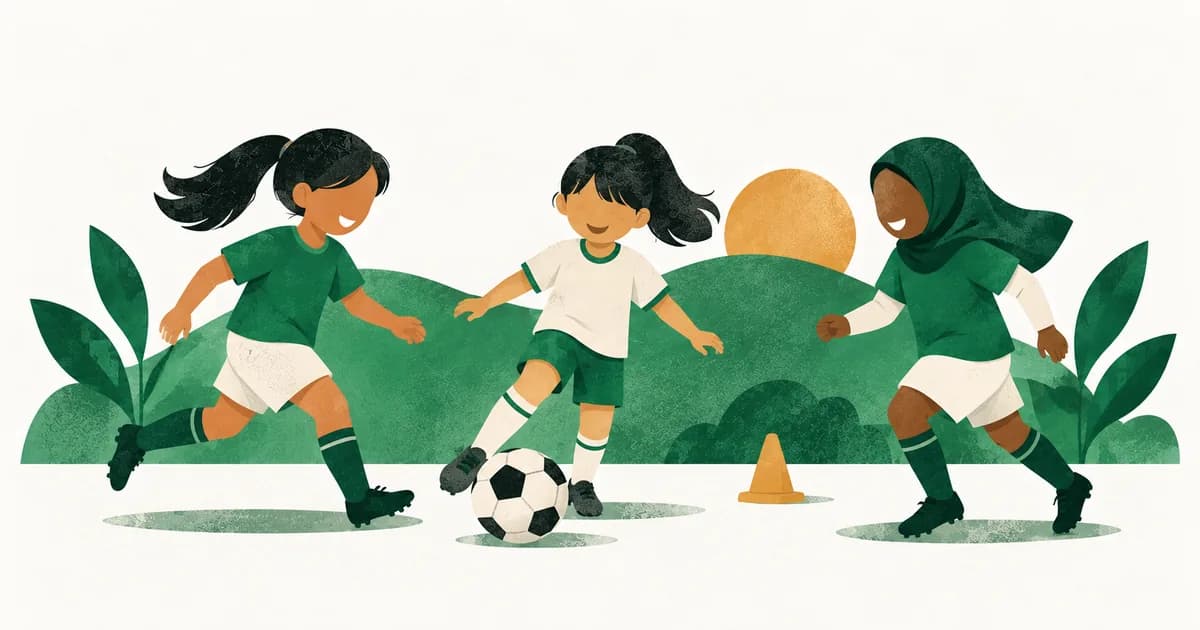 Ilustrasi anak perempuan bermain bola bersama dalam latihan yang terbuka dan ramah.