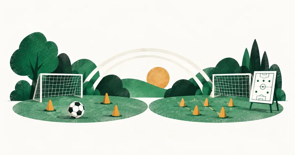 Ilustrasi dua bentuk latihan sepak bola yang dapat dibandingkan sesuai kebutuhan anak.