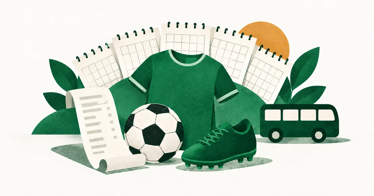 Ilustrasi kalender, perlengkapan, dan transportasi untuk menghitung biaya sepak bola selama setahun.
